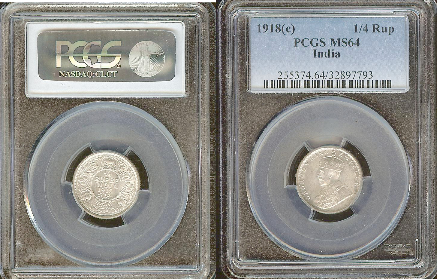 India 1/4 rupee 1918(c) PCGS MS64